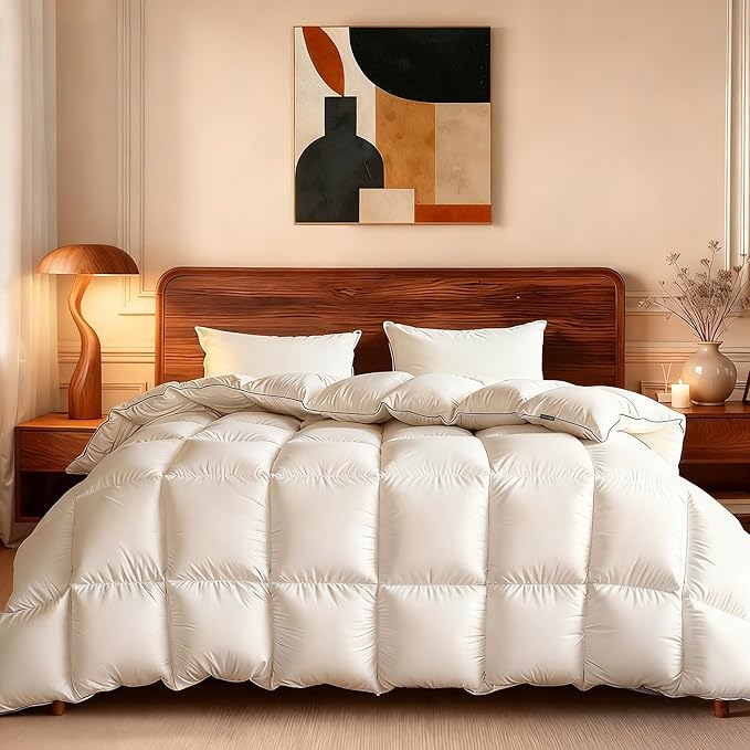Fluffy White Goose Feather Down Fiber Comforter Cali King 104”x96”, Luxury Cozy Hotel Quilted Duvet Insert Cali King, Perfect for Taller Individuals Or Anyone Who Appreciates Extra Legroom