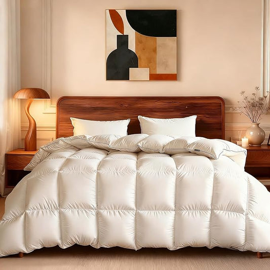 Fluffy White Goose Feather Down Fiber Comforter Cali King 104”x96”, Luxury Cozy Hotel Quilted Duvet Insert Cali King, Perfect for Taller Individuals Or Anyone Who Appreciates Extra Legroom