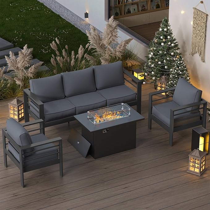 Patio Furniture Set with Fire Pit Table, Aluminum Patio Furniture Set,Grey Outdoor Metal Sectional Sofa with Aluminum Fire Pit Table for Garden Backyard (Include Waterproof Cover)