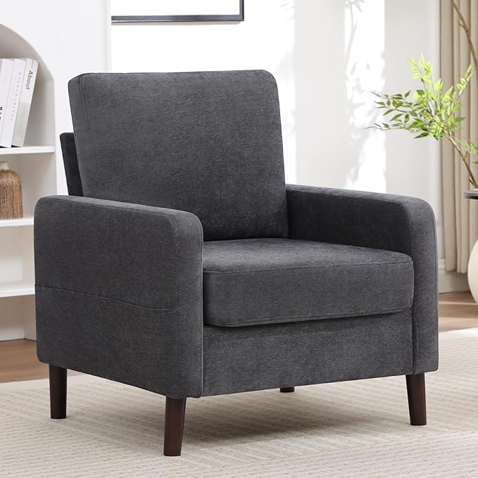 Accent Chair for Living Room, Modern Reading Chair for Bedroom, Upholstered Armchair with Wood Legs and Side Pockets, Single Sofa Side Chair for Office, Small Room, Apartment, Dark Grey