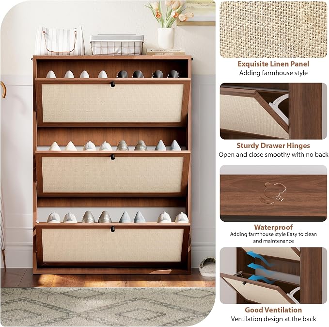 AVZEAR Narrow Shoe Storage Cabinet for Entryway with Natural Linen Panel, Freestanding Slim Shoe Cabinet with 3 Flip Drawers, Wood Shoe Organizer Closed Shoe Rack for Hallway, Living Room(Walnut) - Image 4