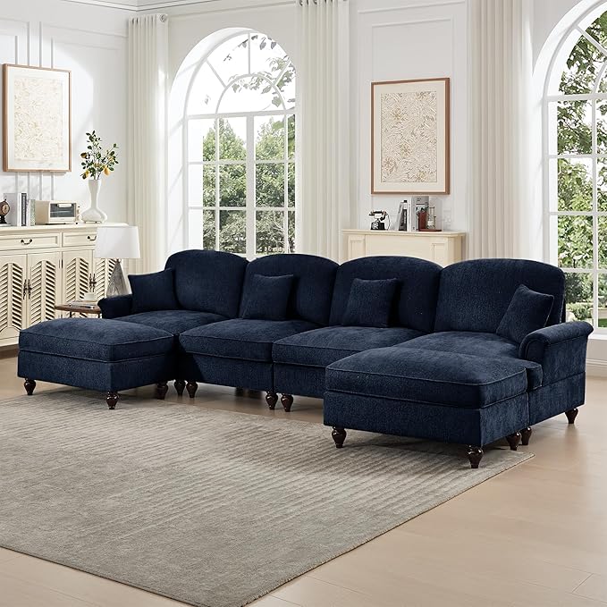 KEIKI Mid Century Modular Sofa with Flared Arms and Skirted Design, 137“ Oversized 4-Seater with 2 Ottomans Luxury Chenille U-Shaped Sectional Couches for Living Room, Chaise Lounge Indoor, Blue