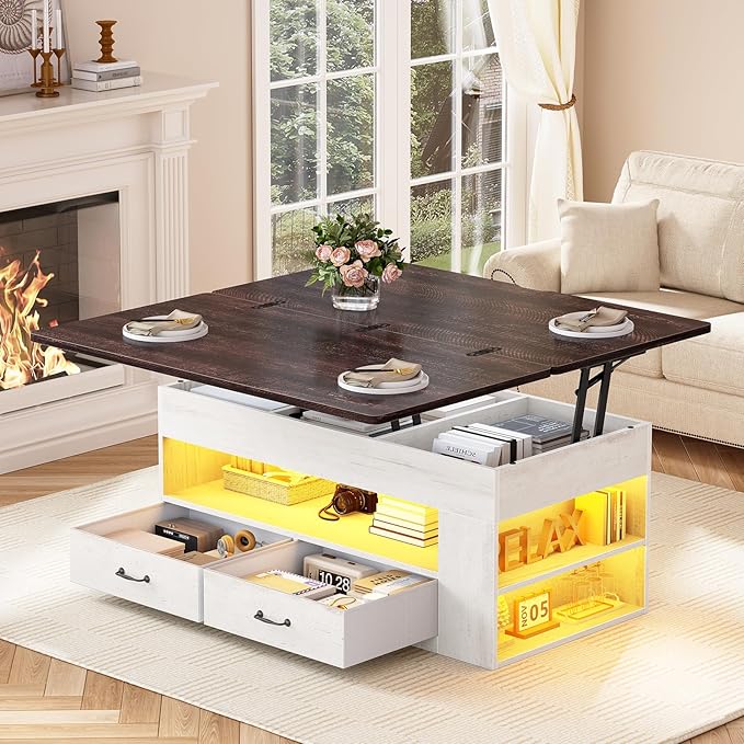 Itaar Lift Top Coffee Table, 4 in 1 Coffee Tables with Storage and Hidden Compartment, Farmhouse Coffee Table with 2 Fabric Drawers & LED Light for Living Room, White