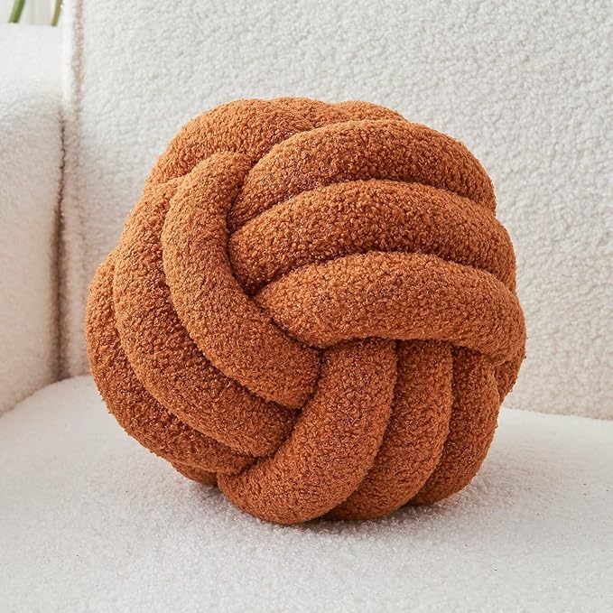 LUSJNGE Decorative Throw Knot Pillow Ball for Home Chair Sofa Couch Bed Aesthetic Round Decor Pillows Lambswool Knotted Pillow Cushion (Caramel, 11 inches)
