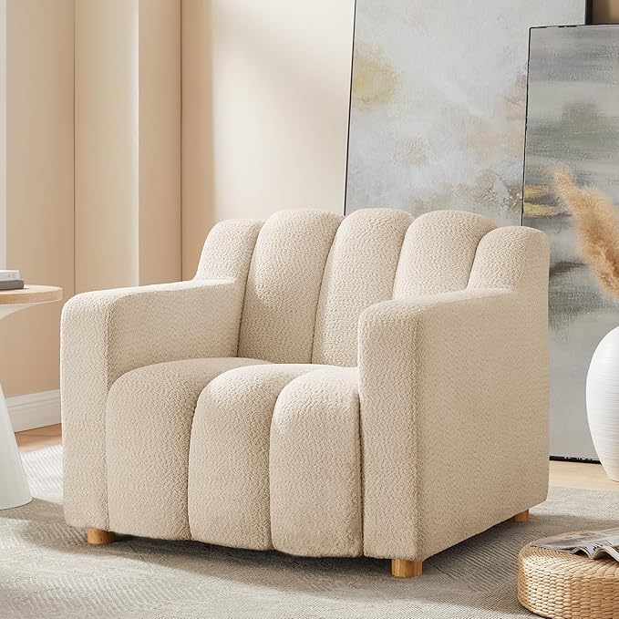 Modern Oversized Living Room Chairs, 40" Wide Boucle Accent Chairs with Deep Seat and Wooden Legs, Comfy Reading Arm Chair for Bedroom, Apartment, Beige