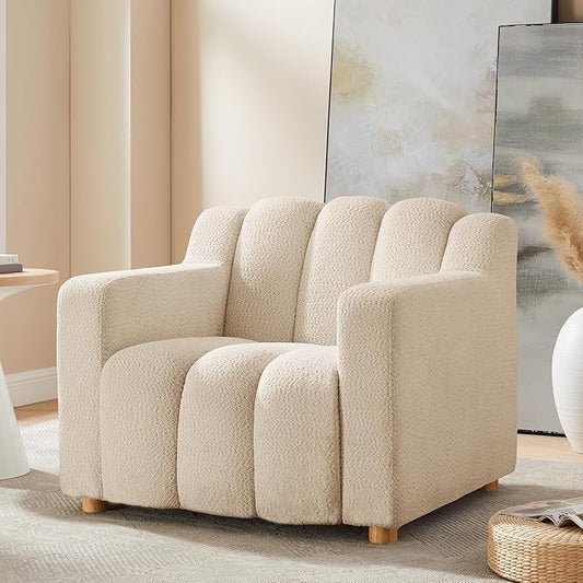 Modern Oversized Living Room Chairs, 40" Wide Boucle Accent Chairs with Deep Seat and Wooden Legs, Comfy Reading Arm Chair for Bedroom, Apartment, Beige
