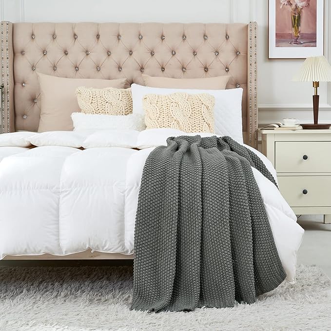 Chunky Cable Knit Throw Blanket Lightweight Grey 100% Organic Cotton Blanket for Sofa Couch Bed Baby Nursery, Rustic Shabby Chic Modern Farmhouse, Gray 51” x 63” Give Laundering Bag