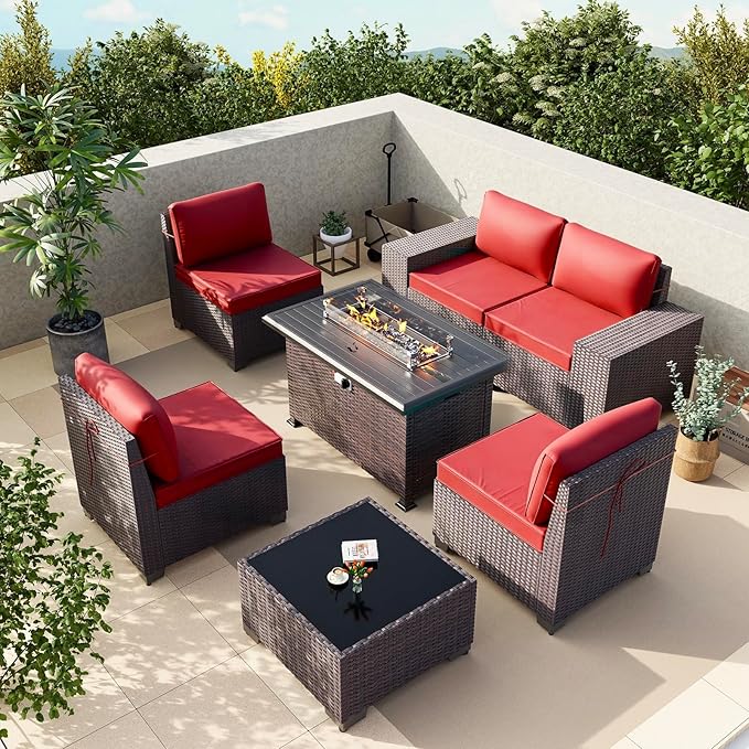 Gotland 7 Pieces Patio Furniture Set with 55000BTU Fire Pit Table, Wicker Patio Set with Wide Armrests 29.5'' High Backrest Thick Cushions 1 Coffee Table, Outdoor Furniture for Porch Deck Red