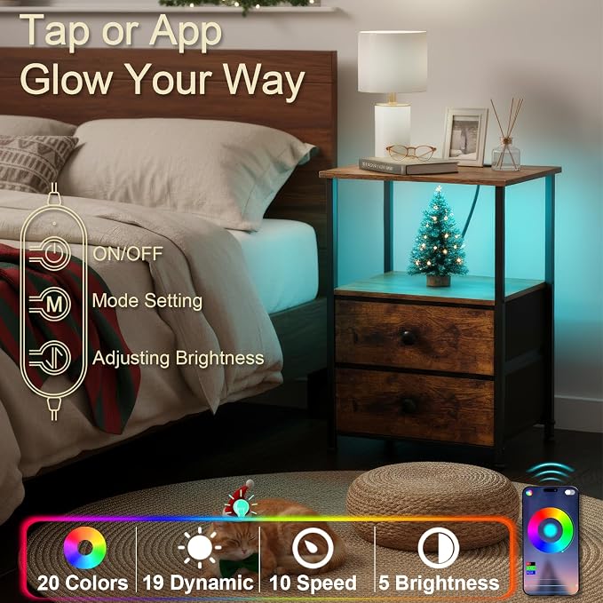 LOAKEKEL Night Stand Set 2, LED Nightstand with Charging Station, End Tables with Storage Shelf, Bedside Table with 2 Fabric Drawers for Bedroom, Small Spaces, Rustic Brown HETS02PBR - Image 5