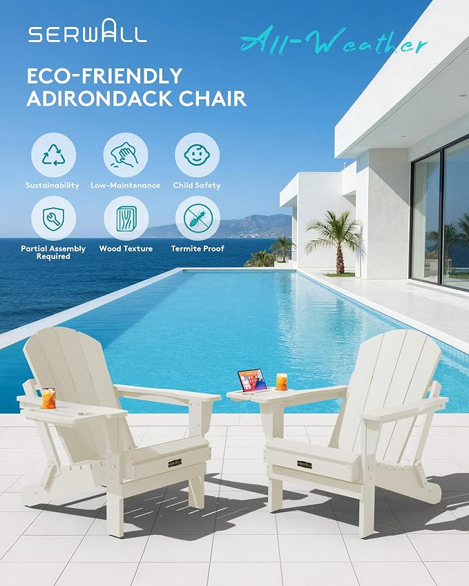 SERWALL Folding Adirondack Chair Set of 2, Adirondack Chairs with 4 in 1 Multi-Functional Cup Holder, All Weather Patio Chair with Wood Texture, Fire Pit Chairs for Outdoor, Garden, Backyard - White - Image 7