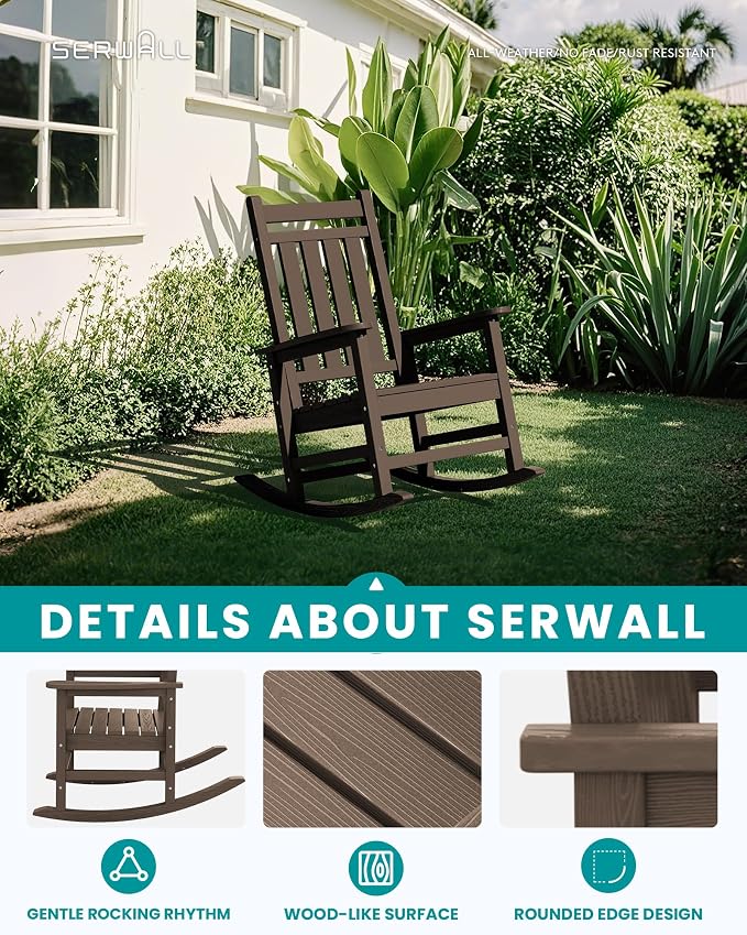 SERWALL HDPE Outdoor Rocking Chair Set of 8, Patio Rocking Chairs for Adults, All Weather Outdoor Rockers for Lawn, Coffee - Image 5
