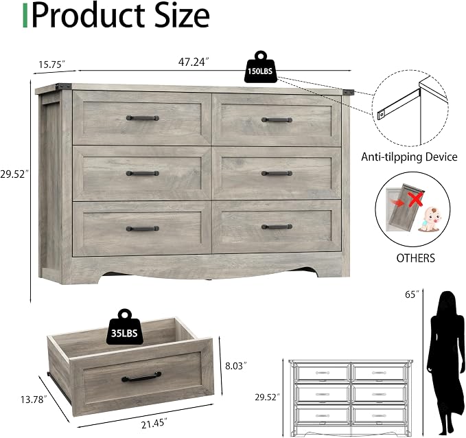 Dresser for Bedroom with 6 Drawers, 48" Wide Wood Chest of Drawers with Deep Drawers & Mental Handle, Modern Dresser TV Stand, Wooden Closet Storage Organizer for Living Room, Hallway, Entryway, Grey - Image 2