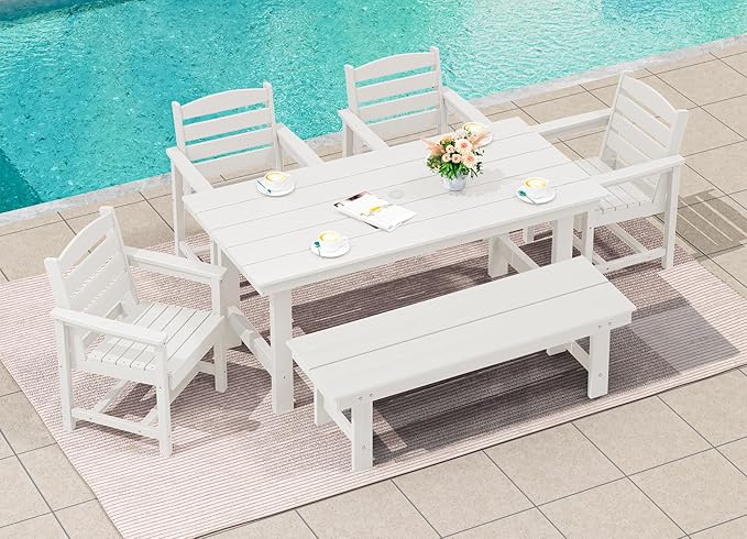 SERWALL Outdoor Dining Set for 6, HDPE Dining Furniture Set with Umbrella Hole Cut-Out Table and 1 Dining Bench and 4 Chairs, All Weather Outdoor Dining Bench Sets, White - Image 3