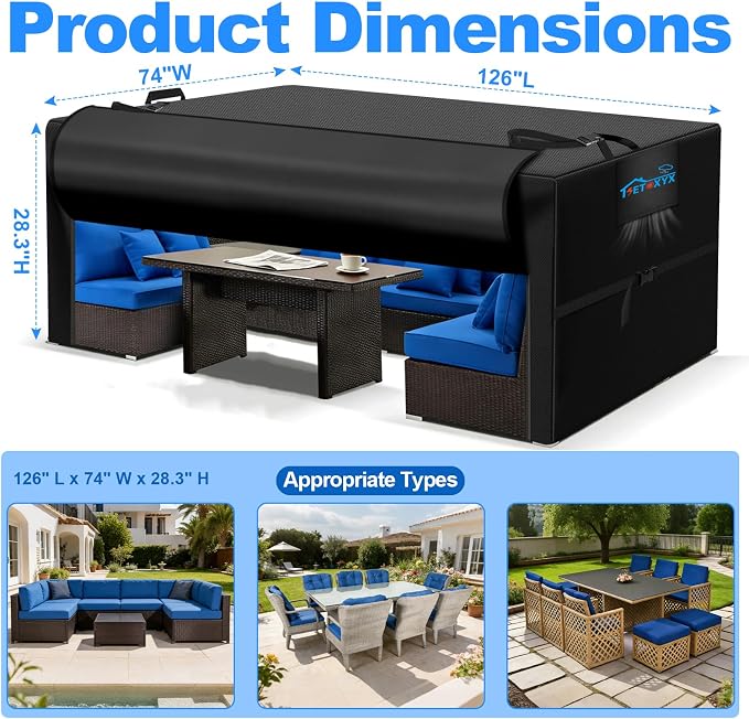 Rectangular Patio Table and Chair Cover, 600D Outdoor Furniture Set Covers, Waterproof Patio Table and Chair Set Cover with Flip-Open Zipper Design, Windproof Buckle Straps,126" Lx74 Wx28.3 H - Image 3