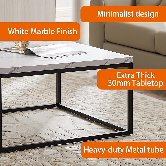 CENSI 30" Square Coffee Table, White Faux Marble Center Table for Living Room, Modern Minimalist Cocktail Table with Black Metal Frame, Extra Thick 1.2" Wood Top, Sturdy & Easy Assembly