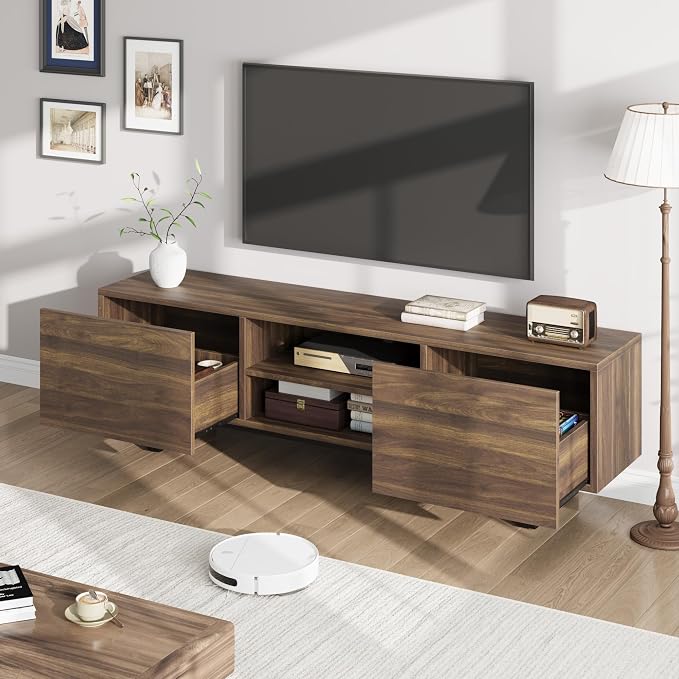 GarveeHome Industrial TV Stand for 80 in, Modern Entertainment Center with 2 Drawers, Wooden Media Cabinet with Heavy Duty Leg and Open Storage, TV Console Table for Living Room, Walnut - Image 3