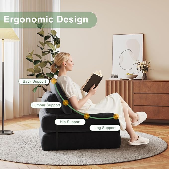 GarveeHome Folding Sofa Bed, Floor Folding Couch with Pillow, Futon Sofa Bed Convertible Sleeper Chair Foldable Mattress Back Support, Portable Fold Out Couch, Full, Corduroy, Black