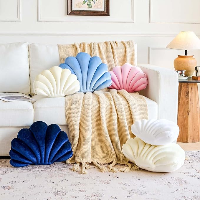 Lfsaaj White Seashell Throw Pillows, Shell Shaped Throw Pillows, 13 Inch Soft Velvet Home Decorative Pillow Plush Cushion for Bed Couch Living Sofa Room Decor Accent Throw Pillow