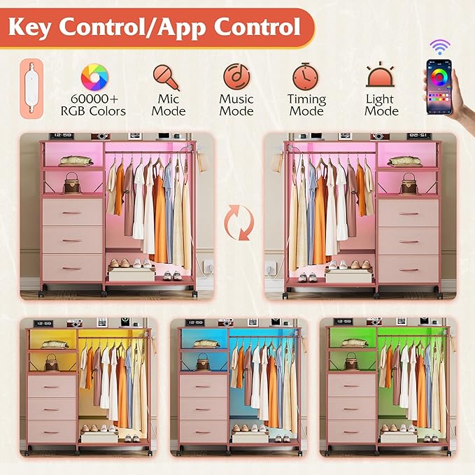 WLIVE Pink Dresser with Hanging Rack for Bedroom, 3 Drawer Dresser with LED Lights & Charging Station, Fabric Dressers & Chest of Drawers, Storage Organizer with Open Shelves for Living Room - Image 6