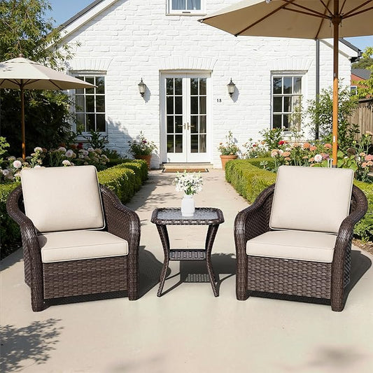 Outdoor Chairs with Side Table, Patio Wicker Chairs, Outside Conversation Furniture Set with Washable Cushions for Sunroom, Gazebo, Poolside (Beige)