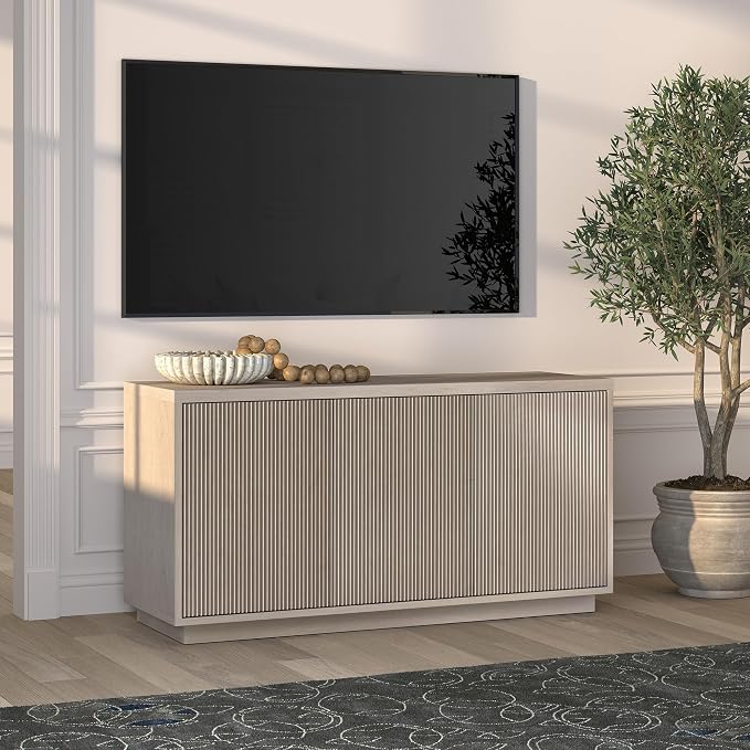 Henn&Hart Fluted TV Stand for TVs up to 55" with 3 Swing Out Ribbed Doors and Adjustable Shelves for Living Room, Family Room, or Office, Beech White - Image 4