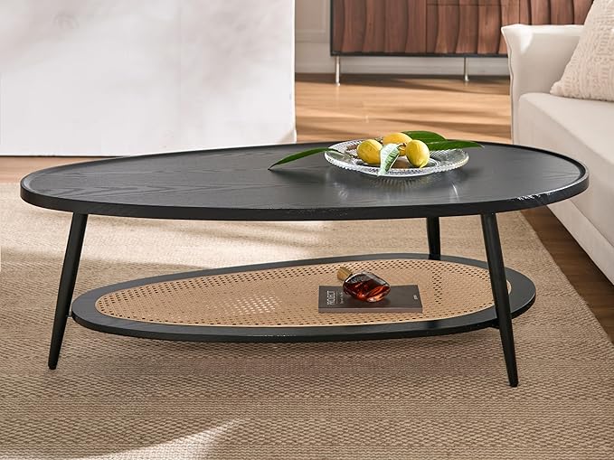 Shrine Oval Wood and Rattan Coffee Table, Mid-Century Modern Coffee Table, Two-Tier Black Walnut Table for Living Room, D47.2''x W25''x H15.3'', Walnut Wood Top and Woven Rattan Base