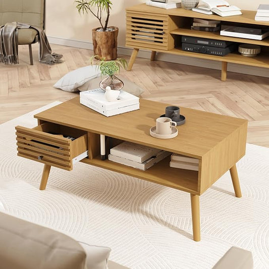 Mid Century Modern Coffee Table, CoffeeTable with Storage, Living Room Center Table with Slatted Panel Drawer, Fluted Wood Coffee Table with Open Shelf for Living Room, Oak