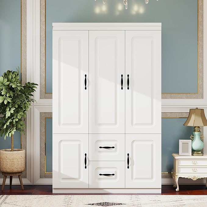GraceGrove Armoire Wardrobe Closet with 3 Door Armoires and Wardrobes with 2 Drawers Tall Cabinet for Large Capacity, Closet Wardrobe Cabinet with Hanging Rail and Metal Handle for Bedroom White