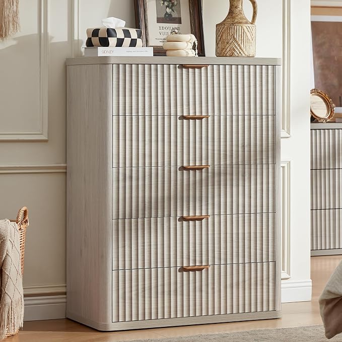 LEYAOYAO Fluted 5 Drawers Dresser for Bedroom, 41" Tall Modern Chest of Drawers with Metal Handle, Curved Profile Farmhouse Closet Organizer Wood Dressers TV Stand for Living Room, Hallway, Lightgrey by LEYAOYAO-Findtheshiningpointofyourideallife%EF%BC%81