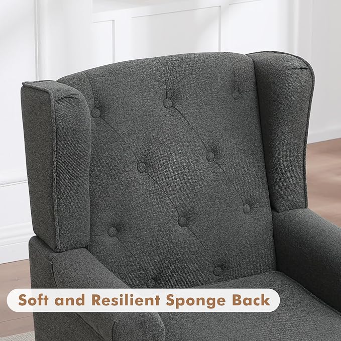 Accent Chair for Living Room, Mid Century Modern Upholstered Armchair, Wingback Chair with Tufted High Back and Solid Legs, Comfy Side Chairs Single Sofa for Bedroom, Dark Grey
