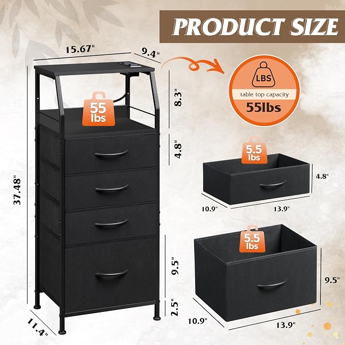 WLIVE Night Stand with Charger Station, LED Nightstand with 4 Fabric Drawers and Storage Shelf, Tall Dresser for Bedroom, 37.48" H Bedside Table with 3 USB Ports and Outlets, Black - Image 3