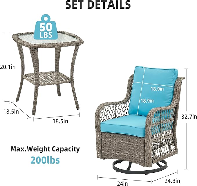 GarveeHome 3 Piece Outdoor Patio Set, Wicker Rocking Bistro Set with 2 Swivel Chairs & Tempered Glass Top Table, Rattan Outdoor Furniture with Cushions for Patio Porch Backyard