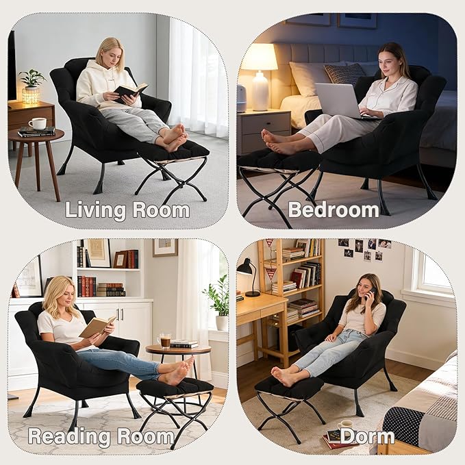 MBOOYOME Lazy Chair with Folding Ottoman, Modern Accent Lounge Armchair with Armrests and a Side Pocket & Foldable Footstool, Leisure Reading Chair for Living Room, Bedroom, Dorm & Office, Black