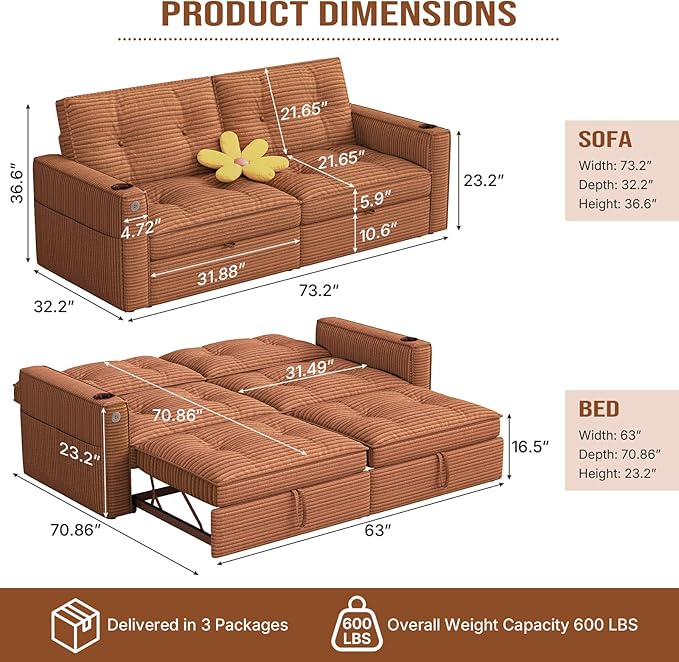 Rovibek 73.2" Convertible Sofa Bed, Pull Out Couch with USB Charging Port & Cup Holders, Adjustable Backrest, Side Pockets, Modern Corduroy Sleeper Sofa for Living Room, Bedroom, Apartment, Orange