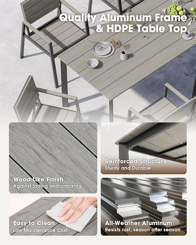 Outdoor Dining Table, Aluminum Patio HDPS Outdooor Table with Umbrella Hole, All Weather Patio Furniture Set, Patio Dining Table ((Classic Gray) - Image 5