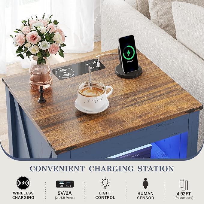 TAGELIER Farmhous Nightstand with Gun Drawer,Bedside Table with Charging Station, Gun Night Stand with LED Light & Human Sensor,Smart End Table for Bedroom, Blue - Image 5
