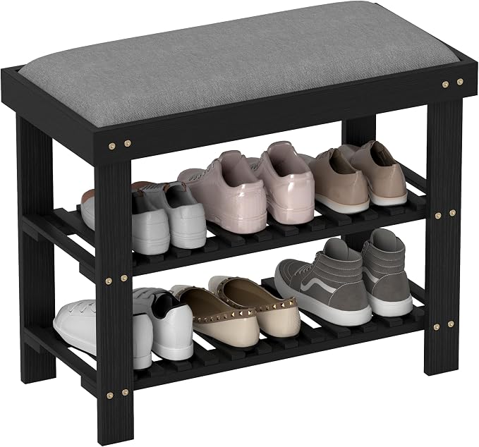 HOMCOM Bamboo Shoe Bench, 3-Tier Entryway Bench with Storage and Cushion, Shoe Organizer for Entryway, Hallway, Holds Up to 331 lbs, 23.6 x 11.4 x 19.3 Inches, Black by HOMCOM