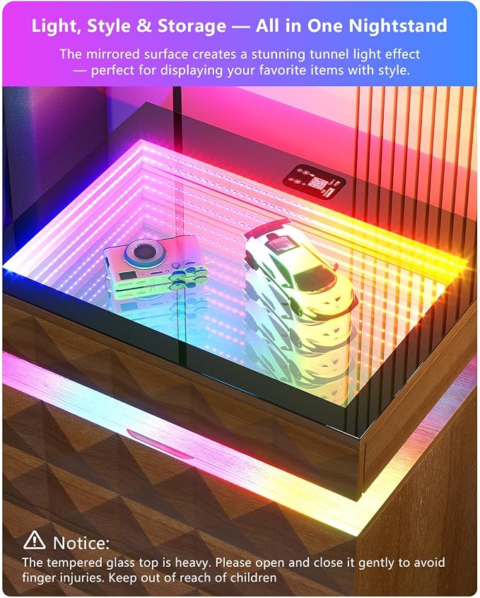 Dystler Night Stand with Charging Station and RGB Lights, LED Nightstand with Tempered Glass and Sliding Top, 3 Drawers Bedside Table with Hidden Storage, Lockable End Side Table for Bedroom, 2 Wood - Image 5