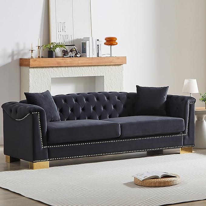 KEIKI 84" Chesterfield Sofa, Upholstered 3 Seat Couch with Rolled Arm for Living Room, Bedroom, Office, Black