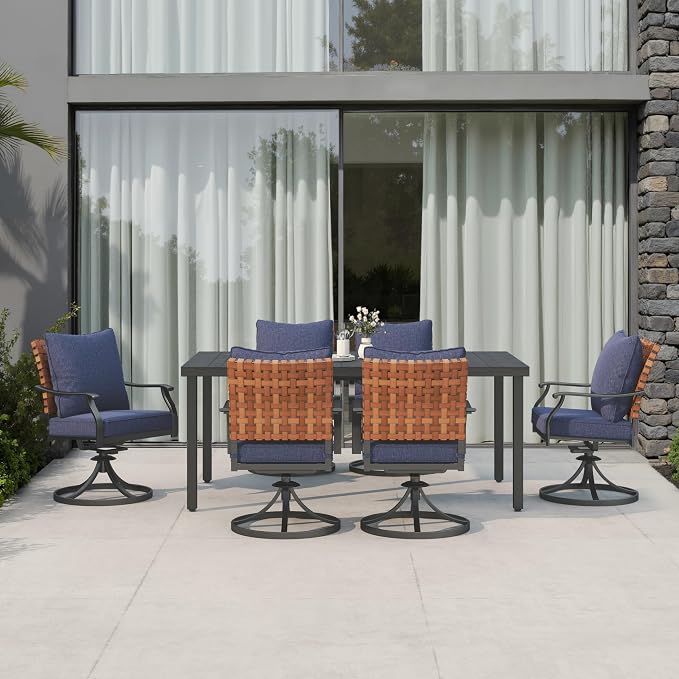 Grand patio 7-Piece Outdoor Dining Set, 6 Leather-Look Wicker Swivel Patio Chairs & 1 Straight Legs Rectangular Dining Table, Blue - Image 2