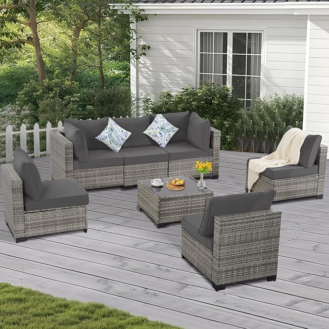 Patio Outdoor Furniture Set 7 Pieces Rattan Wicker Sectional Sofa Couch Conversation Set with Table for Deck Lawn, Gray Wicker/Gray Cushion