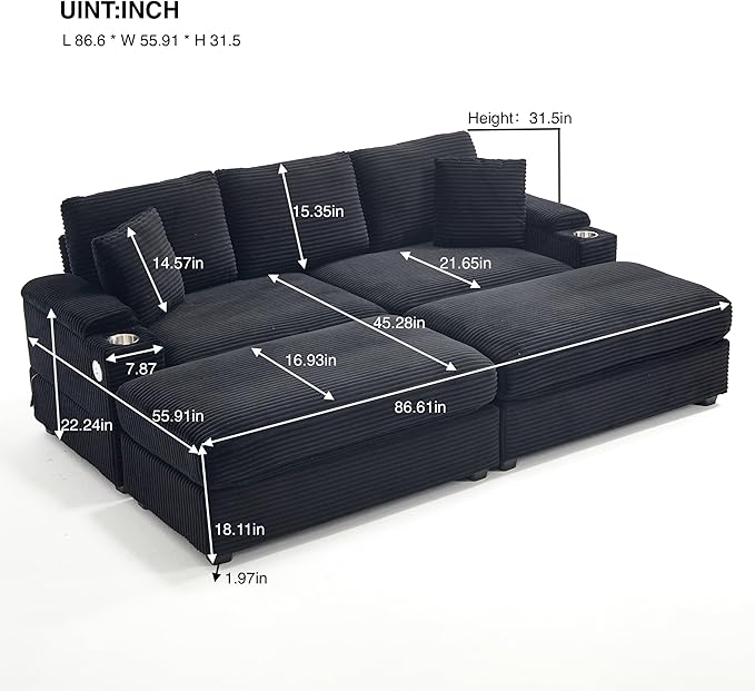 KEIKI 4 Seat Combination Sofa Bed Set, Chaise Lounge Sofa with Armrest Storage, Cupholders, USB, Deep Seat Sleeper Couch Reading Chairs for Living Room, Black