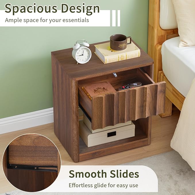 Bifins Fluted Dresser, Small Nightstands Set of 2, Walnut Bedside Table with Drawer and Storage, Mid Century Modern Side Table for Bedroom Sofa - Image 4