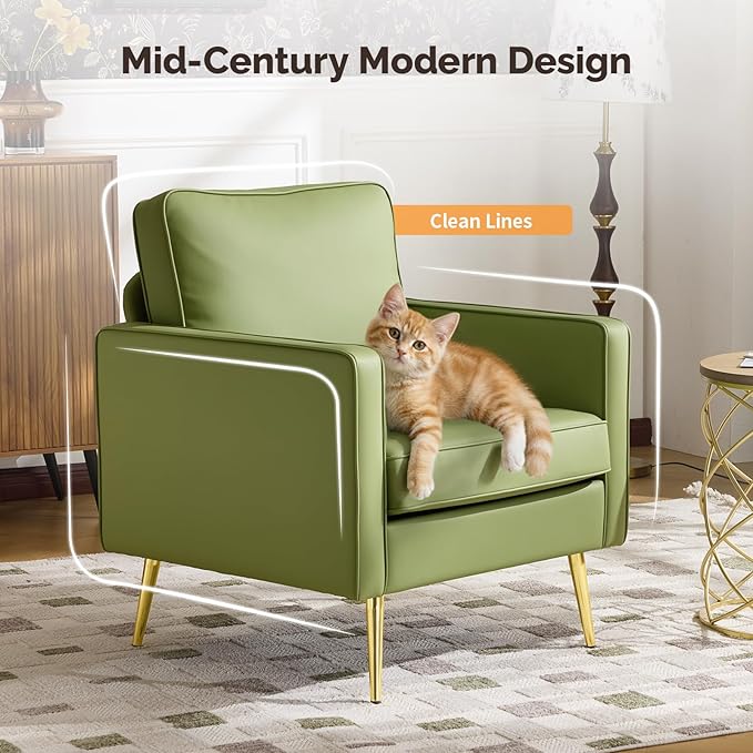 VINGLI Modern PU Leather Accent Chair, Single Sofa Chair with Pocket Coil Seat, Metal Backrest & Solid Wood Frame, Upholstered Armchair for Living Room, Bedroom or Office