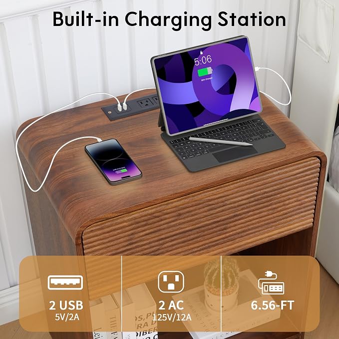XUZENEST Fluted Nightstand Set of 2 with Charging Station, Modern Bed Side Table End Table with Drawer Storage, Large Wooden Night Stands Bedside for Bedroom Living Room Sofa Office, Walnut 2 Sets - Image 5