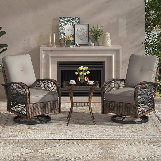 EROMMY 3 Pieces Patio Furniture Set, Outdoor Swivel Rocker Patio Chairs, Wicker Patio Bistro Set with Rocking Chair, Thickened Cushions and Glass Coffee Table for Backyard, Garden, Grey