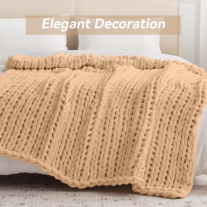 Negwoo Chunky Knit Throw Blanket, 40''*50'' Knitted Throw Chenille Yarn for Bed Couch, Handmade Beige Crochet Big Thick Blanket, Machine Washable Cute Comfy Blanket for Home Decor