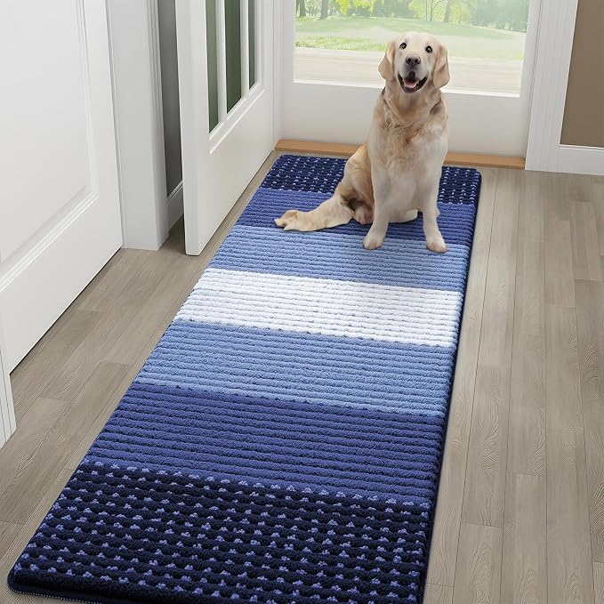 Kitinjoy Indoor Outdoor Door Mat, 59x20 Non-Slip Absorbent Dirt Trapper, Low-Profile Washable Inside Entrance Front Floor Mat, Sturdy Soft Entry Dotted Ombre Doormats for Entryway, Navy Blue by Kitinjoy