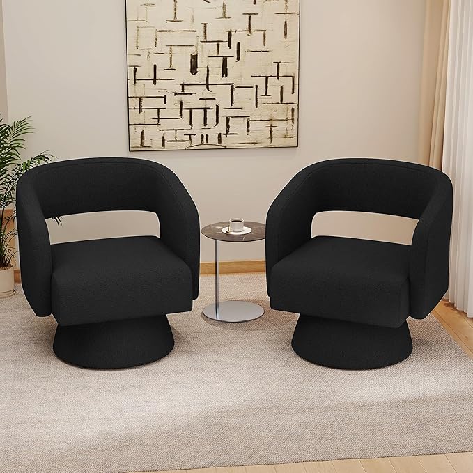 Nebuaegis Swivel Accent Chair Set of 2, Modern Comfy Teddy Barrel Chairs, Oversized Upholstered Round Arm Chair for Living Room, Bedroom, Reading Room, Black