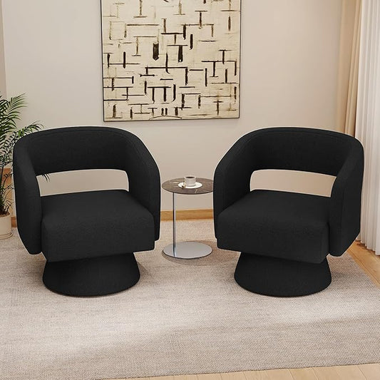 Nebuaegis Swivel Accent Chair Set of 2, Modern Comfy Teddy Barrel Chairs, Oversized Upholstered Round Arm Chair for Living Room, Bedroom, Reading Room, Black